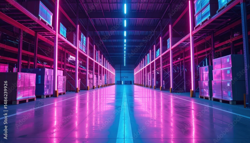 Fototapeta premium Neon Lit Shipping Depot with Shelving Units and Harsh Sunlight
