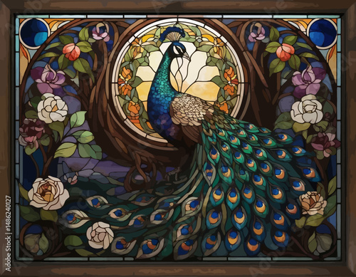 Stunning-Stained-Glass-Peacock-Art-Nouveau-Inspired-Artwork-Featuring-Intricate-Details-Colorful-Feathers-Floral-Accents-A-Timeless-Masterpiece