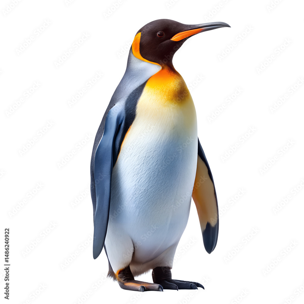 Obraz premium A regal king penguin with vibrant yellow neck markings stands tall against a white backdrop.