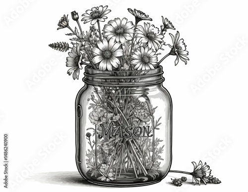 daisies-in-mason-jar-sketch-black-and-white-floral-illustration-country-chic-decor-vintage-inspired-artwork-rustic-home-accent-botanical-drawing