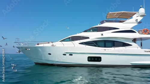 A stunning yacht glides smoothly across vibrant blue waters, showcasing opulence and serenity in a beautiful coastal setting