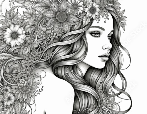 floral-fantasy-girl-pencil-art-detailed-drawing-of-woman-with-flower-crown-and-long-hair-beautiful-monochrome-artwork-nature-inspired-portrait
