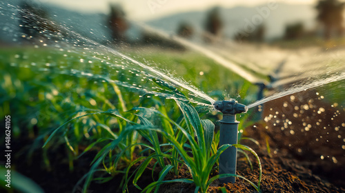 Close-up of irrigation system spraying water on green crops in sunlight, ideal for farming visuals, sustainability, agriculture or eco-technology campaigns photo