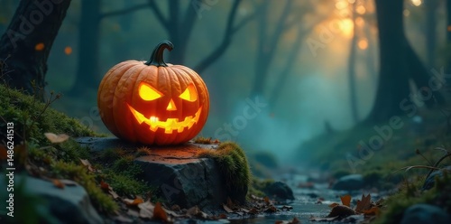 A glowing jack-o'-lantern sits on a mossy stone, surrounded by swirling mist and eerie shadows, hinting at a hidden, magical world within the pumpkin's depths , enigmatic, spirit