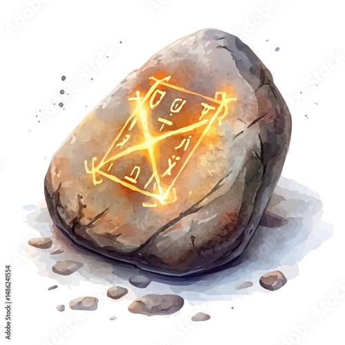 Shimmering Rune Stone With Glowing Symbols, watercolor illustration vector, high quality, isolated on a white background.