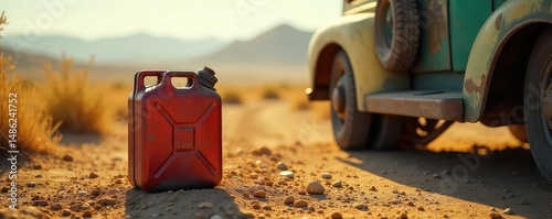 A gas can sits on sun-baked earth beside a weathered, vintage vehicle, evoking a sense of classic adventure and outdoor exploration The scene is bathed in warm, natural light , arid, warm