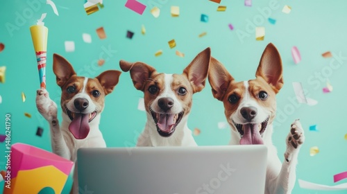 Happy Dog with Laptop and Colorful Confetti Popper, Excited Canine on Pastel Turquoise Background, Festive Celebration and Joyful Moments Captured