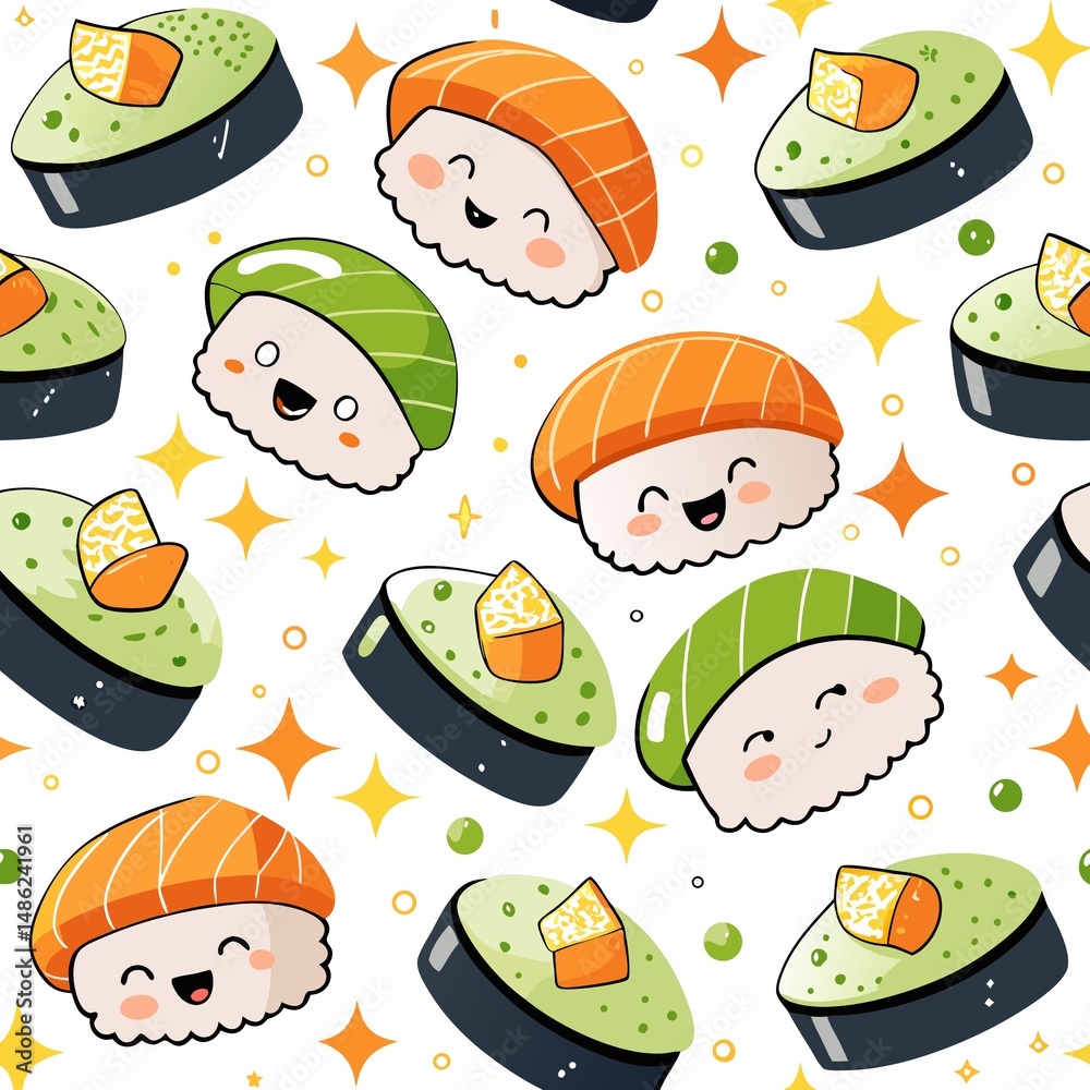 Cute sushi pattern with happy faces Cute sushi pattern with happy faces