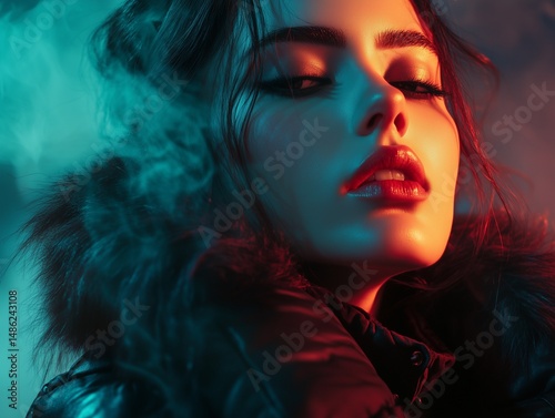 Brunette woman in fluffy fur coat under blue neon lights with mist, moody and stylish portrait.