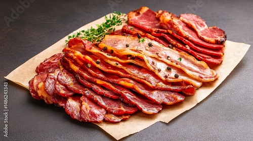 Wallpaper Mural Slices of crisp bacon are arranged on parchment paper with sprigs of thyme and peppercorns. Torontodigital.ca
