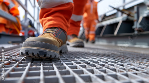 Worker's Boot on Metal Grate in Industrial Setting