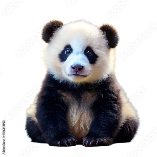 A fluffy baby panda sits and gazes gently to the side against a bright background.