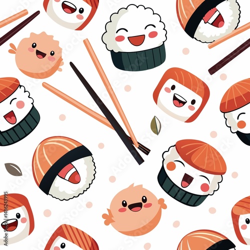 Cute sushi pattern with smiling faces and chopsticks (1)