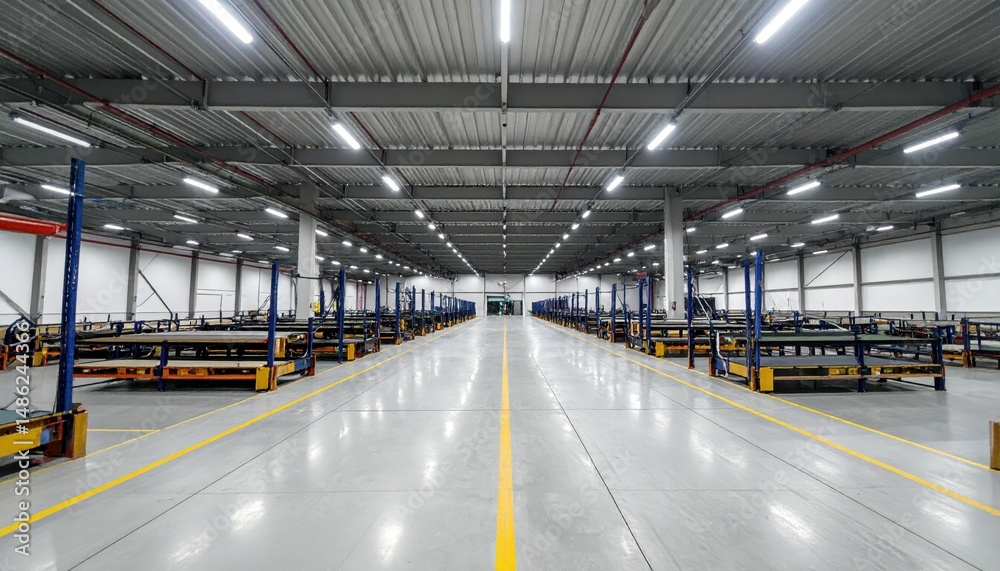 Fototapeta premium Organized Warehouse Interior with Packing Stations and Fluorescent Lights