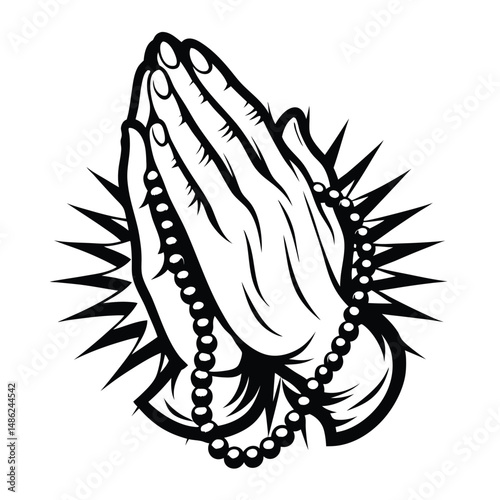 Monochrome Clipart Praying Hands Holding Rosary Beads with Sunburst Aura Design