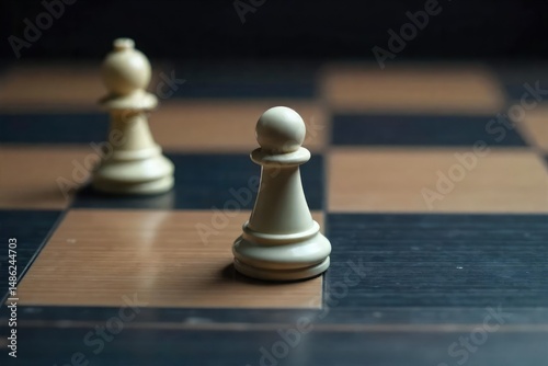 A chess piece, a white pawn, moves forward across a dark wooden chessboard, illustrating strategic gameplay The image emphasizes the single step and potential for further movement , game, defeat