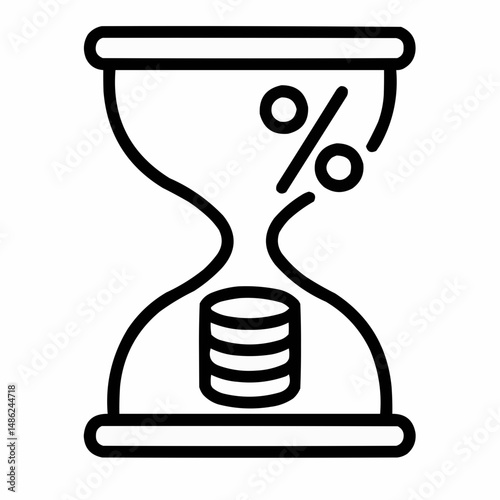 Minimal hourglass with coins and a percentage icon — interest over time.