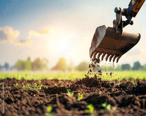 Excavator digging fertile soil