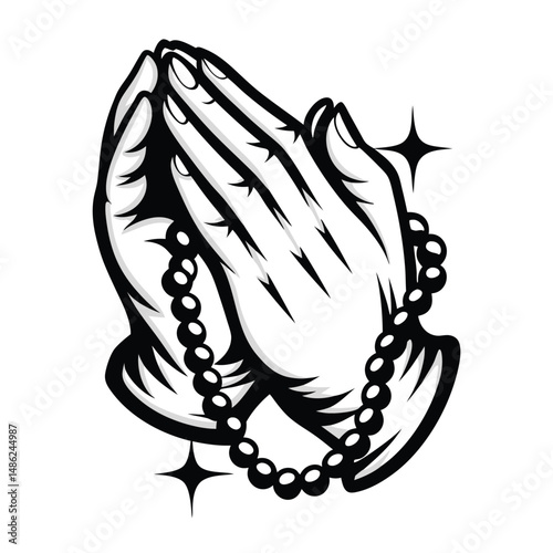 ClipartStyle Hands Folded Together with Bead Rosary, Sparkling Stars Around Isolated