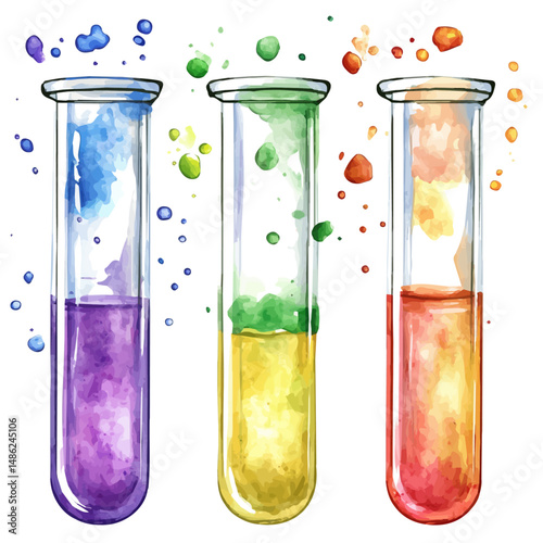 Set Of Test Tubes Filled With Colorful Liquids, watercolor illustration vector, high quality, isolated on a white background.