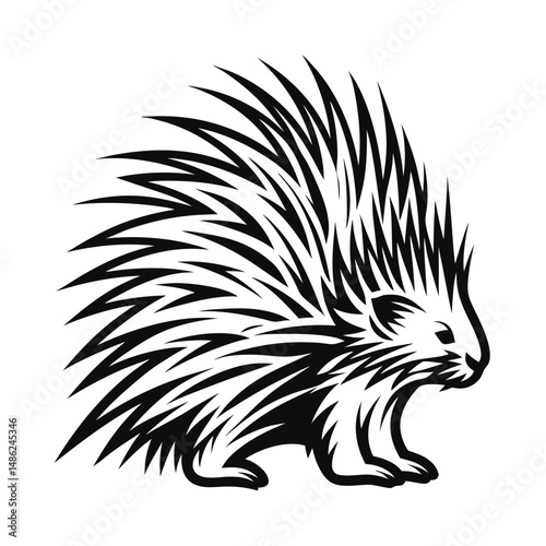 Spiky Porcupine Silhouette, Monochrome Animal Icon, Wildlife Mammal, Isolated Design