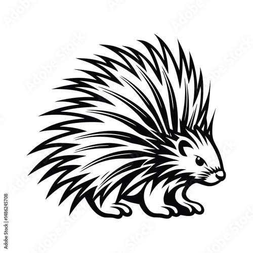 Monochrome Silhouette of a Walking Porcupine Animal with Black Quills and Detailed Eye