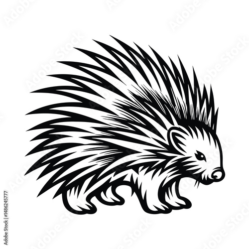 Stylized Porcupine Walking Silhouette Black and White Animal Quills Illustration