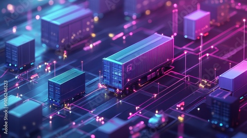 Logistics network flat design side view global supply chain theme 3D render Complementary Color Scheme. photo