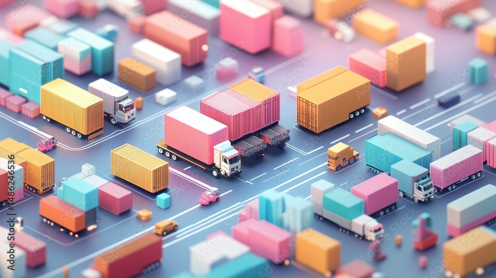 Logistics network flat design side view global supply chain theme 3D render Complementary Color Scheme. Logistics network flat design side view global supply chain theme 3D render Complementary Color Scheme.