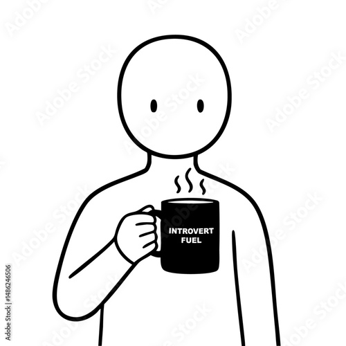 A faceless character holding a mug labeled Introvert Fuel