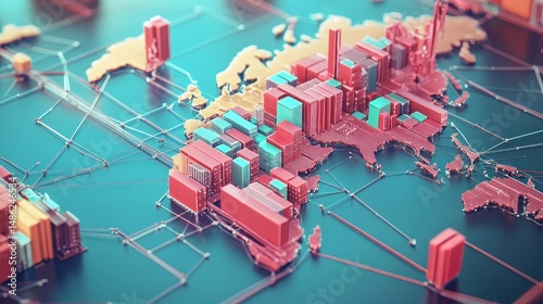 Logistics network flat design side view global supply chain theme 3D render Complementary Color Scheme. photo