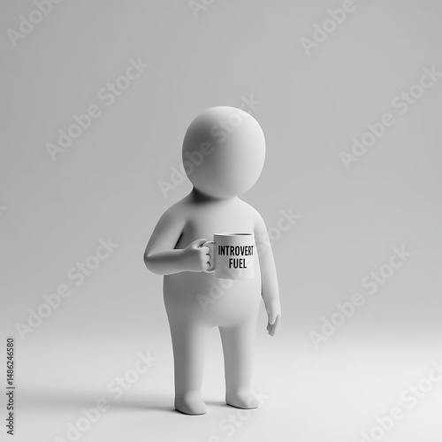 A faceless character holding a coffee mug labeled ‘Introvert Fuel’