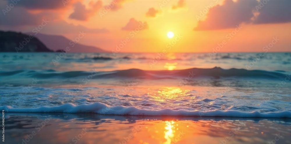 Obraz premium Close-up of a serene beach scene at sunset, gentle waves lapping the shore, creating a calming atmosphere perfect for relaxation and meditation , quiet, restorative, landscape