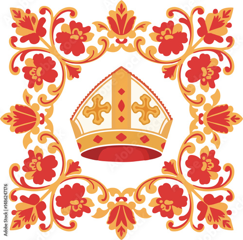 Decorative Papal Mitre with Ornamental Floral Frame – Vector Illustration of Catholic Bishop Hat for Religious Art and Church Design Projects