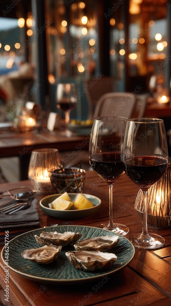 Romantic evening dining with oysters and wine at cozy restaurant Romantic evening dining with oysters and wine at cozy restaurant