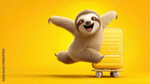 Happy sloth jumping next to a yellow suitcase in a vibrant, sunny setting