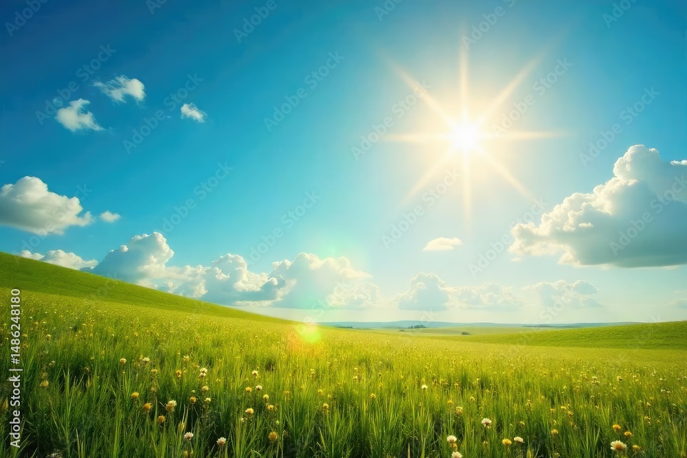 Obraz premium A single sun shines brightly in a clear summer sky, casting warm light on a tranquil landscape Perfect for summer themes, travel brochures, or weather-related projects , backdrop, adventure, warm