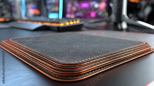 Stack of Premium Black Gaming Mousepads with Orange Stitching Close up view