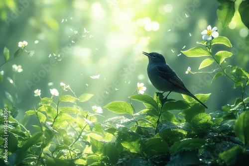 Chirping Birds in a Vibrant Green Forest Surrounded by Delicate Flowers and Soft Sunlight Filtering Through Leaves Early in the Morning