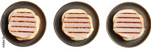 Harmonious triplet of ham and cheese toasties on minimalistic slate plates