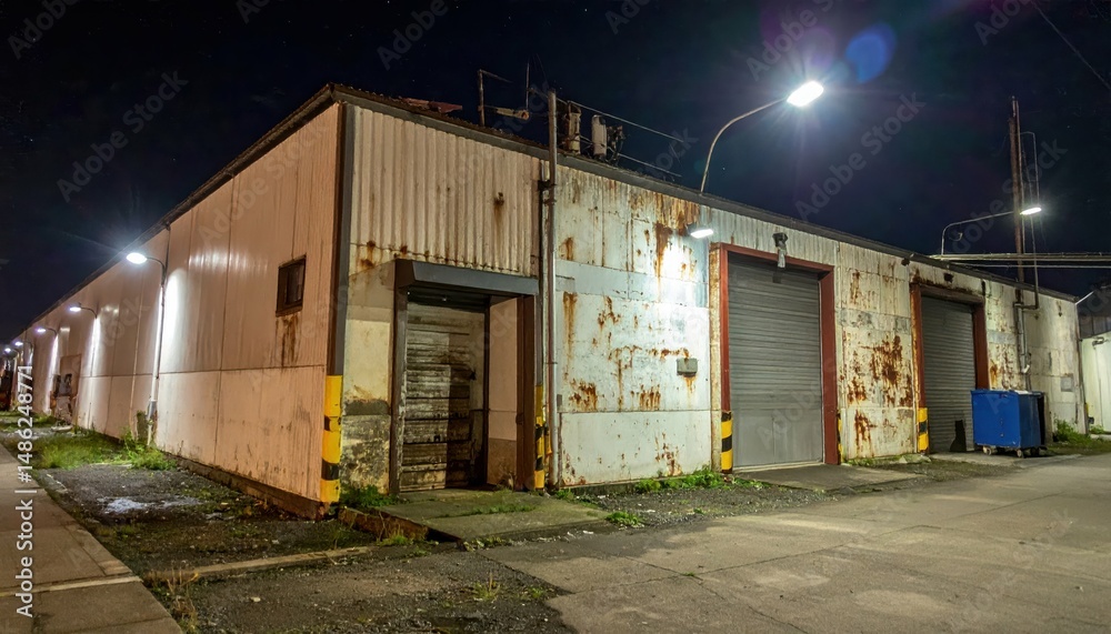 Fototapeta premium Rusty Cold Storage Facility at Night with Flickering Lights