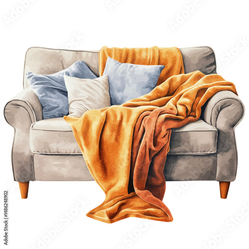Set Of Plush Throw Blankets Draped Over A Sofa, watercolor illustration vector, high quality, isolated on a white background.