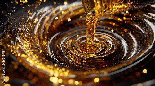 A mesmerizing 3D render of a bottle of oil being poured into a glass on a dark background,