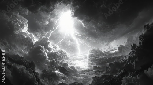 A dramatic black-and-white image of a stormy sky filled with dense, swirling clouds.