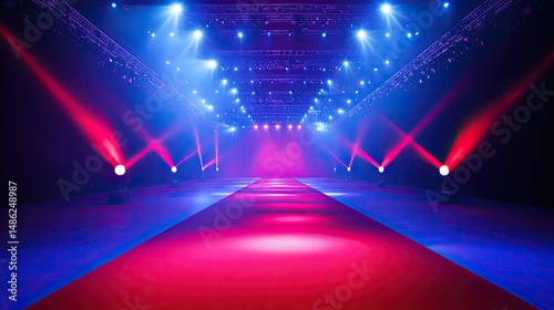 A vibrant stage setup featuring a red carpet leading to a bright focal point,