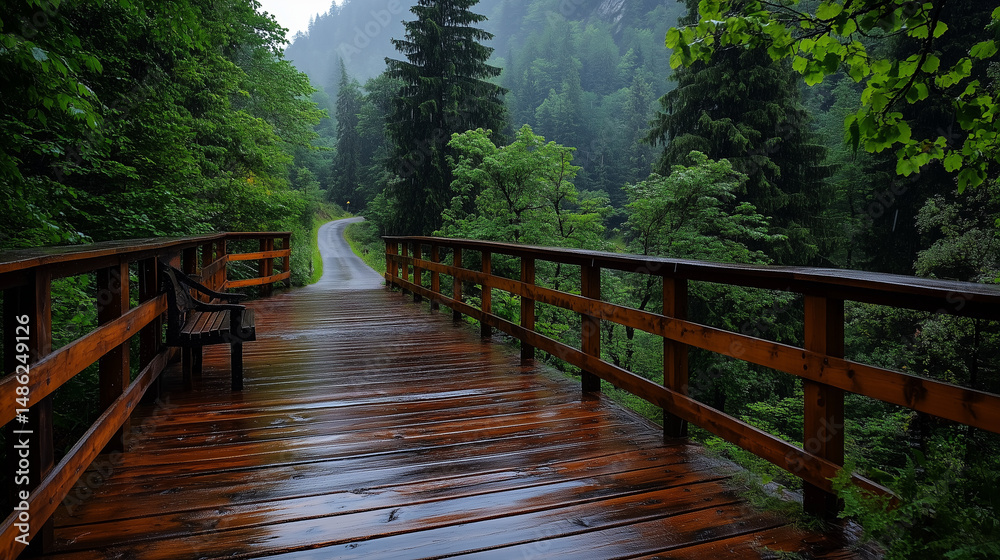 Obraz premium Misty Autumn Forest Road with Wooden Deck and Chairs