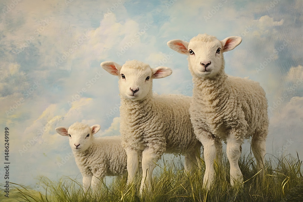 Obraz premium • Fluffy lambs grazing on spring grass, soft sky backdrop 