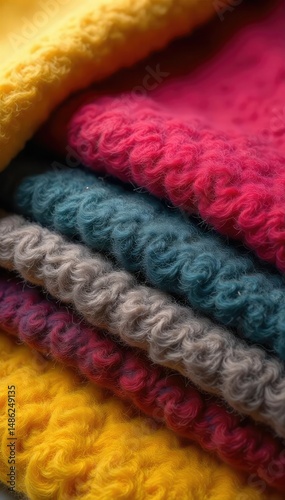 Close-up shot of textured wool fabric in various earthy tones, ideal for textile, fashion, and craft projects The rich colors and natural fibers are clearly visible , natural fibers, warm, rustic