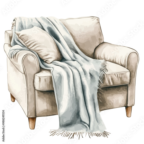 Set Of Plush Throw Blankets Draped Over A Sofa, watercolor vector, high quality, isolated on a white background.