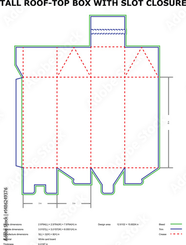 Tall Rooftop Box Packaging Design with Slot Closure Diagram